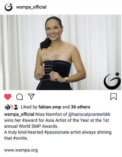 🥇 รางวัลชนะเลิศ “Asia Artist of the Year” (เอเชียคนแรกของโลก),World Scalp Micropigmentation Awards,Orlando, Florida, USA
