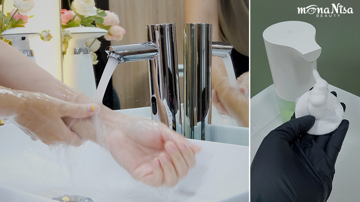 อ่างล้างมือมีก๊อกน้ำและเครื่องจ่ายสบู่ล้างมือเป็นระบบเซนเซอร์ ไร้การสัมผัส ของทางร้านเรา | MonaNisa Beauty